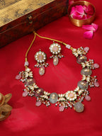 Ruby Raang Gold Polished Green Kundan And Mint Colored Stonework Necklace With Matching Earrings | Grocsy