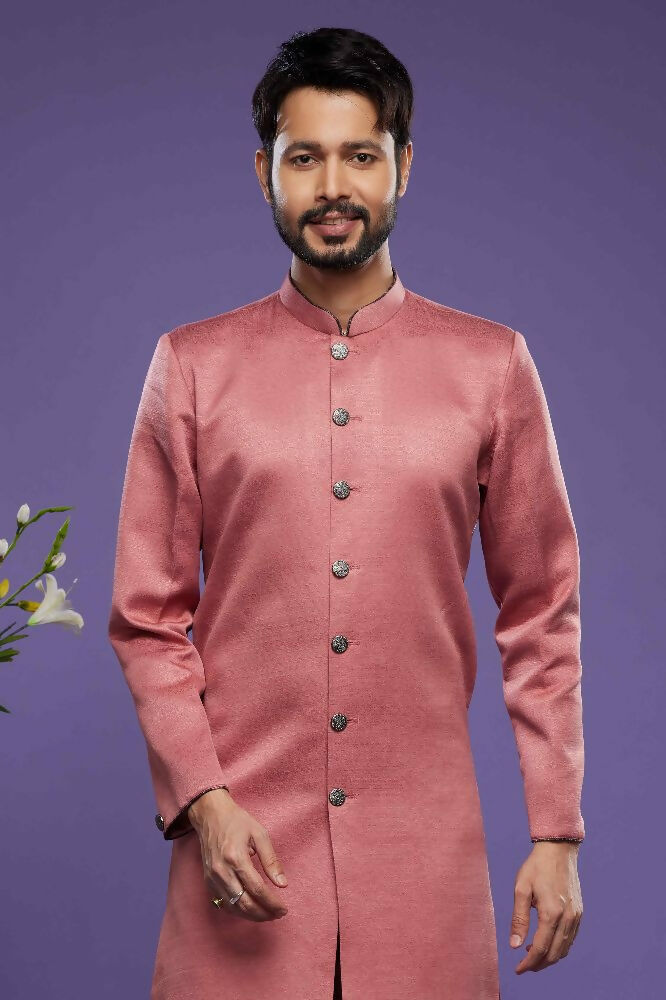 Raivat Ethnic Art Banarasi Silk Thread Work Kurta Pajama In Rust Pink Colour | Grocsy
