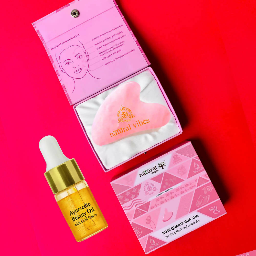 Natural Vibes Rose Quartz Gua Sha with Free Gold Beauty Elixir Oil | Grocsy
