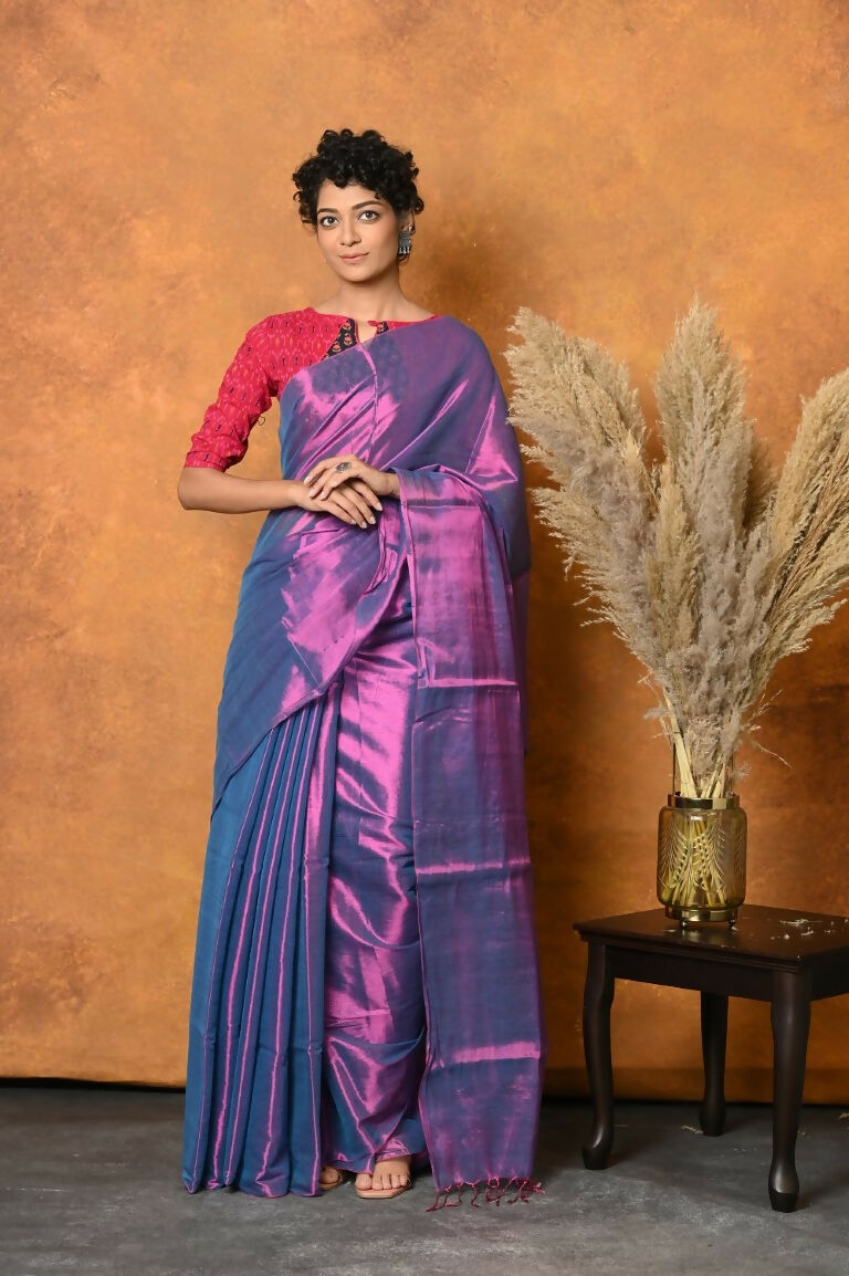 Very Much Indian Fusion Cotton Tissue Shimmer Saree - Dual Tone Purple | Grocsy