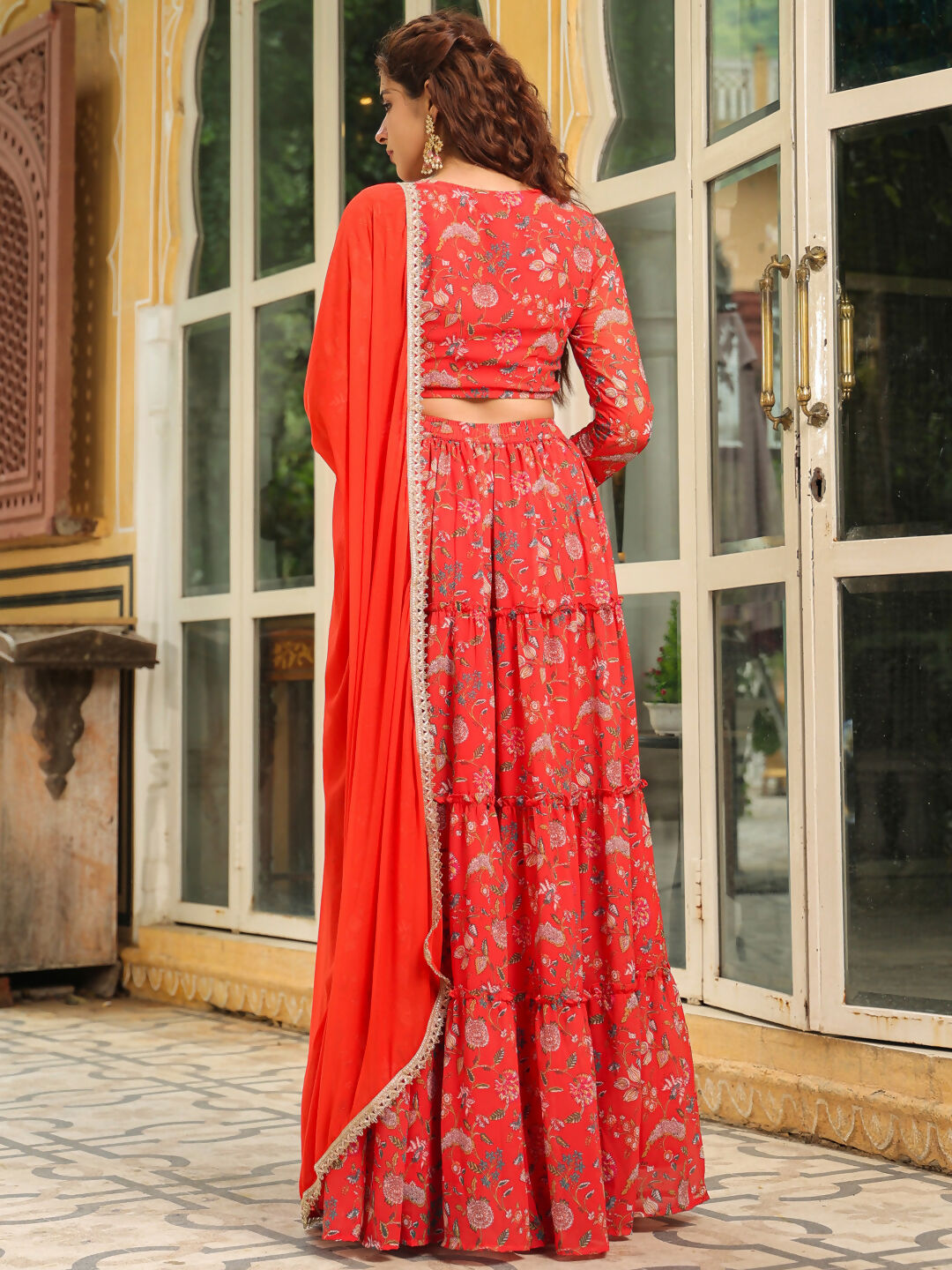 Janasya Red Georgette Floral Lehenga Choli Dupatta | Grocsy
