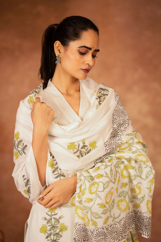 Joban Fashion Off White Yellow Hand Block Printed Cotton Suit Set | Grocsy