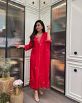 The52 Red Beautiful Embroidered Rayon Fabric Straight Kurta Pant with Dupatta Set | Grocsy