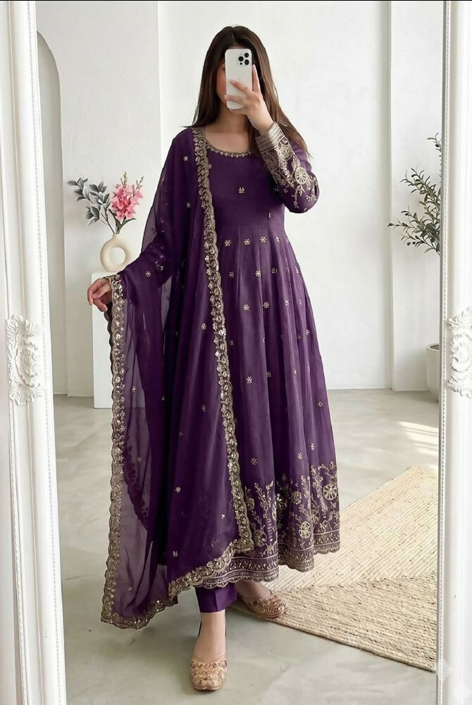 Teeya Creation New Stylish Trendy Elegant Purple Embroidered Anarkali Suit with Dupatta | Grocsy