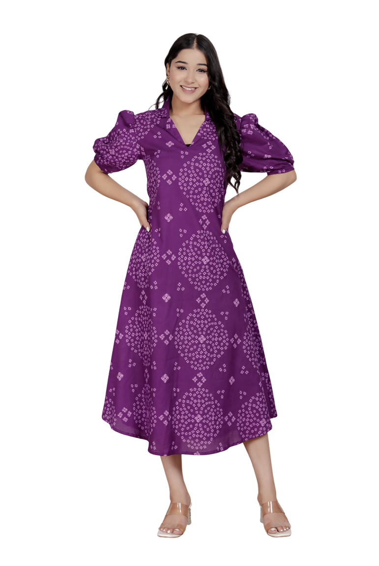 Miravan Womens Purple Bandhani Printed A-Line Maxi Dress | Grocsy