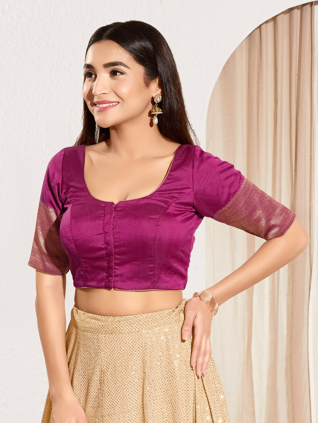 Joban Fashion South Pink Taffeta Silk Padded Blouse With Round Neck Elbow Sleeves | Grocsy