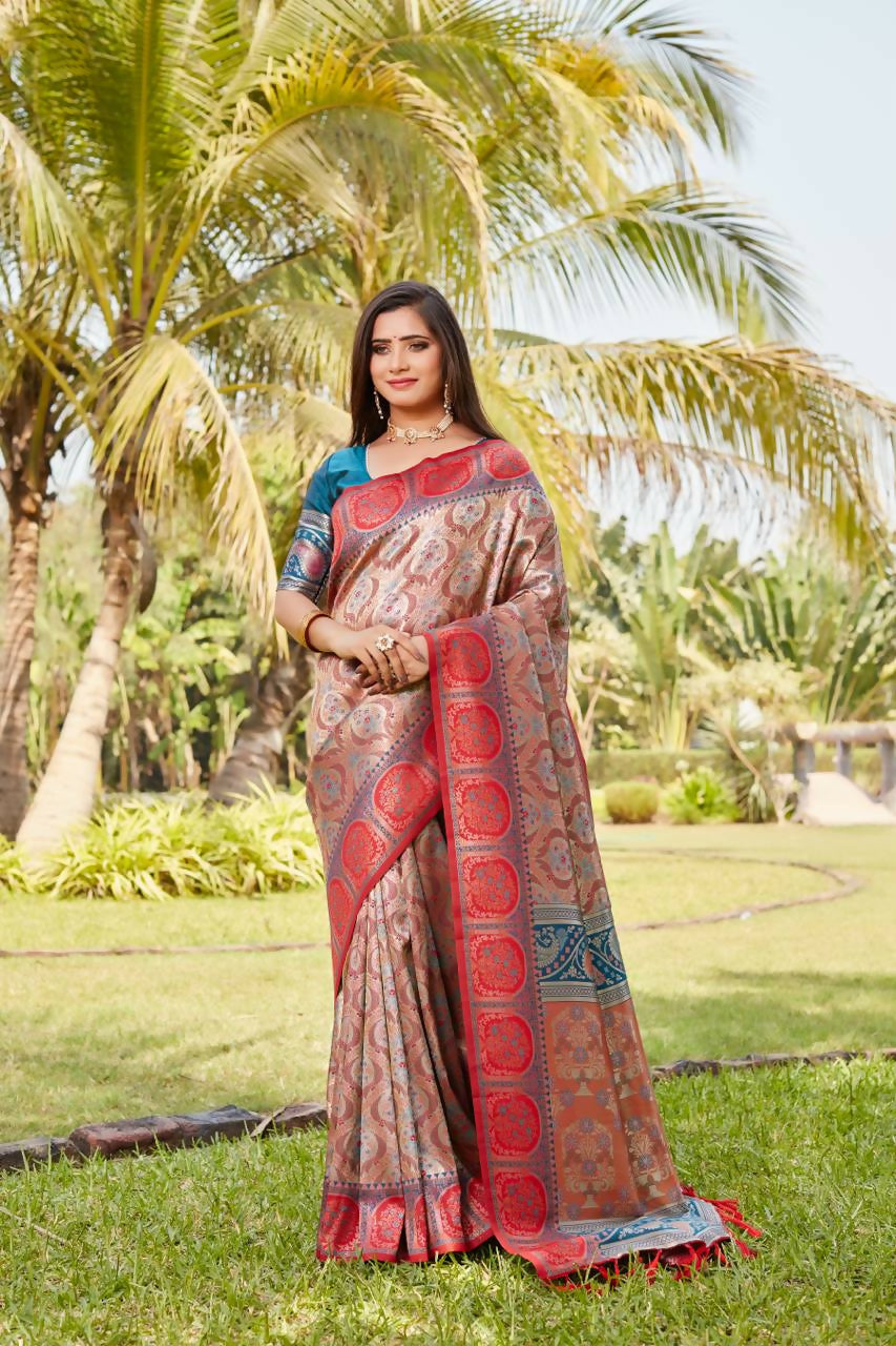 Vastranavya Boutique Collection Kanjivaram Soft Silk Saree With Unstitched Blouse - Light Orange | Grocsy