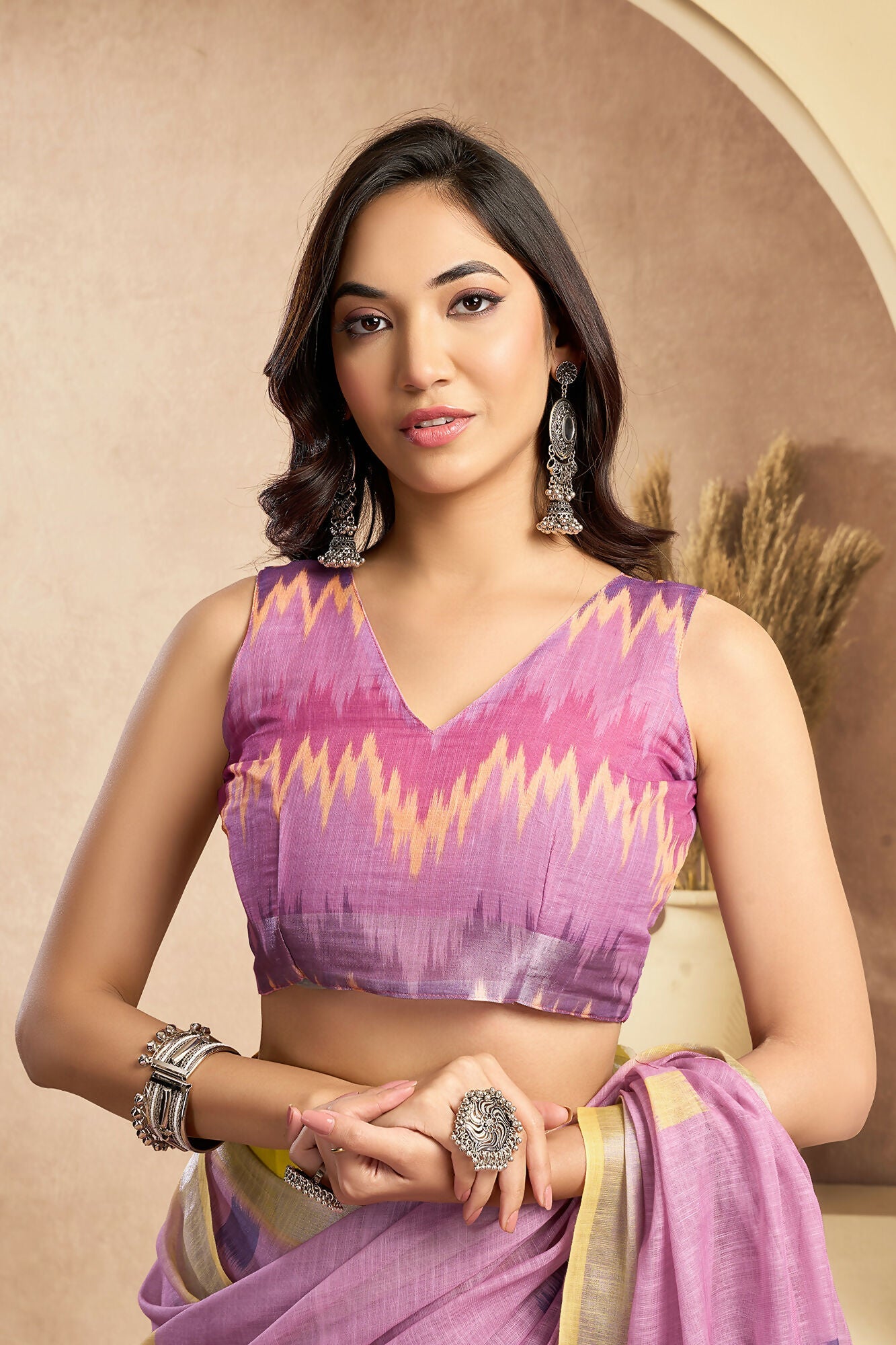 Vastranavya Onion Pink Digital Printed Linen Ready To Wear Pocket Saree with Unstitched Blouse | Grocsy