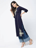 Aniyah Cotton Straight Kurta Blue Color With Patchwork (AN-106K) | Grocsy