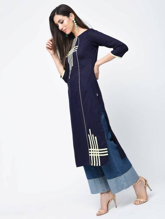 Aniyah Cotton Straight Kurta Blue Color With Patchwork (AN-106K) | Grocsy