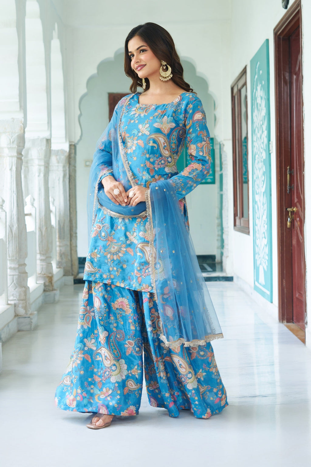 Teeya Creation Multi Color Chinnon Silk With Heavy Embroidery With Positiona Print Fully Stitched Sharara Suit | Grocsy