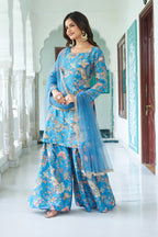 Teeya Creation Multi Color Chinnon Silk With Heavy Embroidery With Positiona Print Fully Stitched Sharara Suit | Grocsy