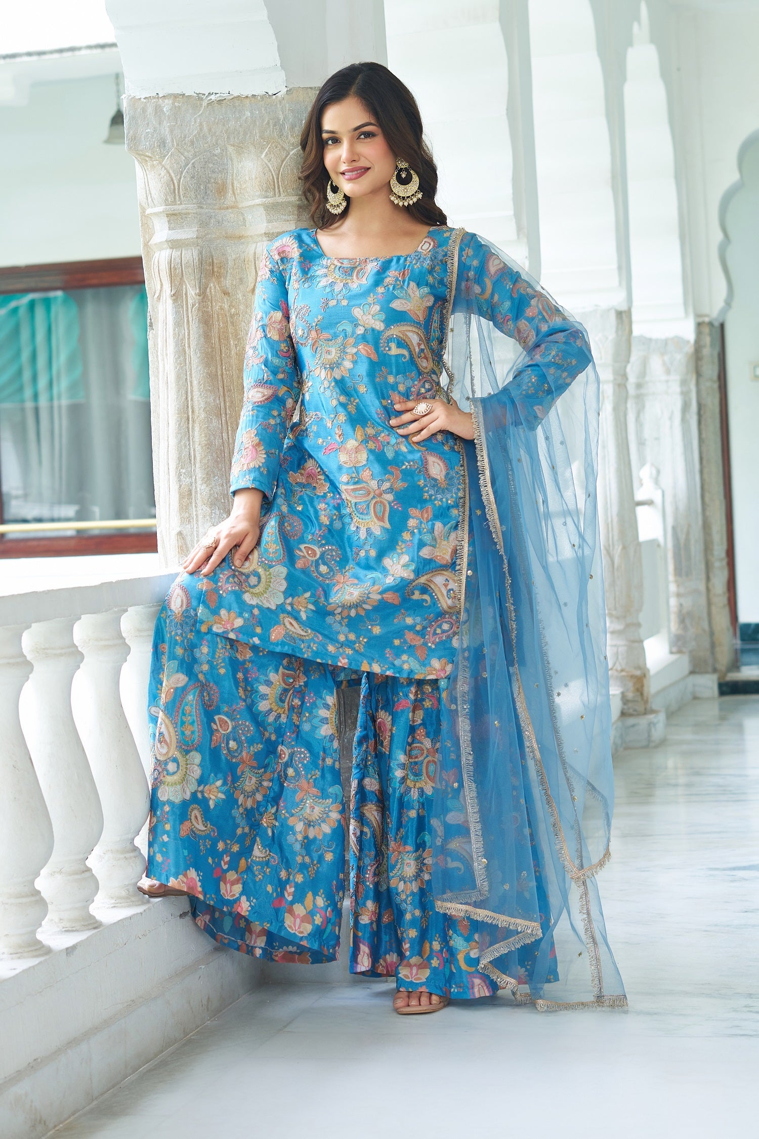 Teeya Creation Multi Color Chinnon Silk With Heavy Embroidery With Positiona Print Fully Stitched Sharara Suit | Grocsy