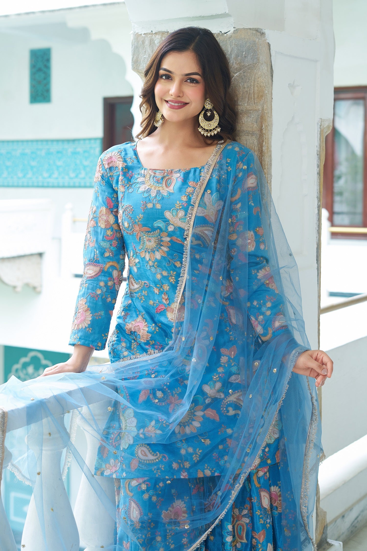Teeya Creation Multi Color Chinnon Silk With Heavy Embroidery With Positiona Print Fully Stitched Sharara Suit | Grocsy