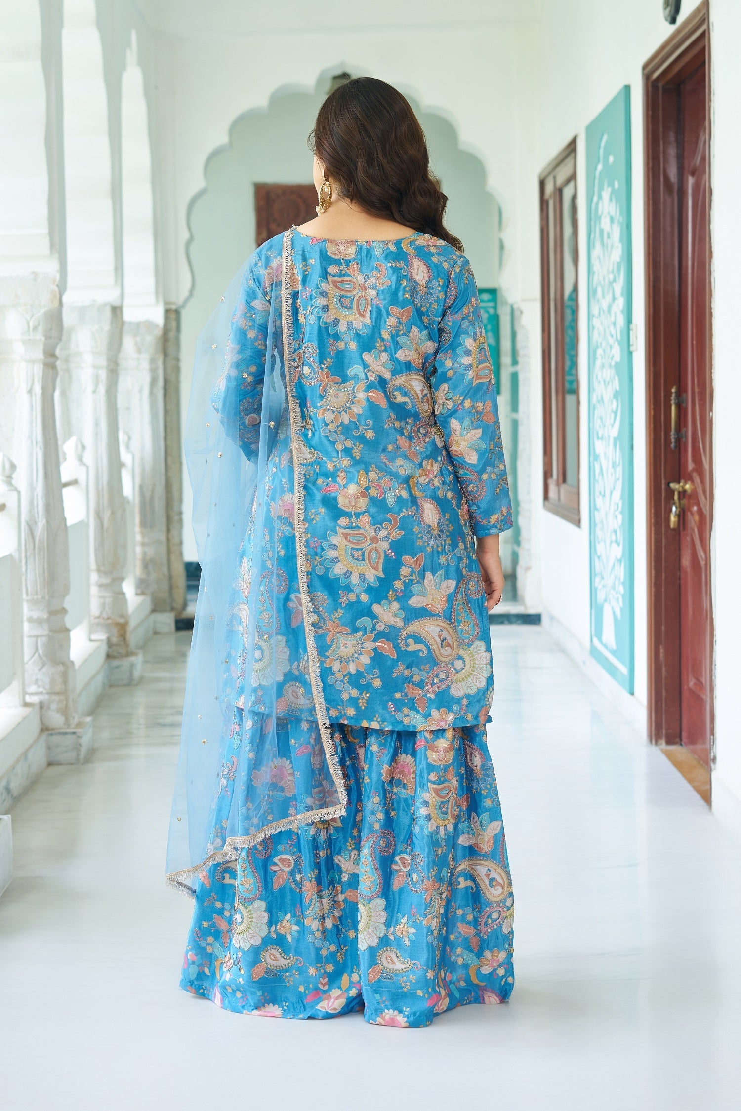 Teeya Creation Multi Color Chinnon Silk With Heavy Embroidery With Positiona Print Fully Stitched Sharara Suit | Grocsy