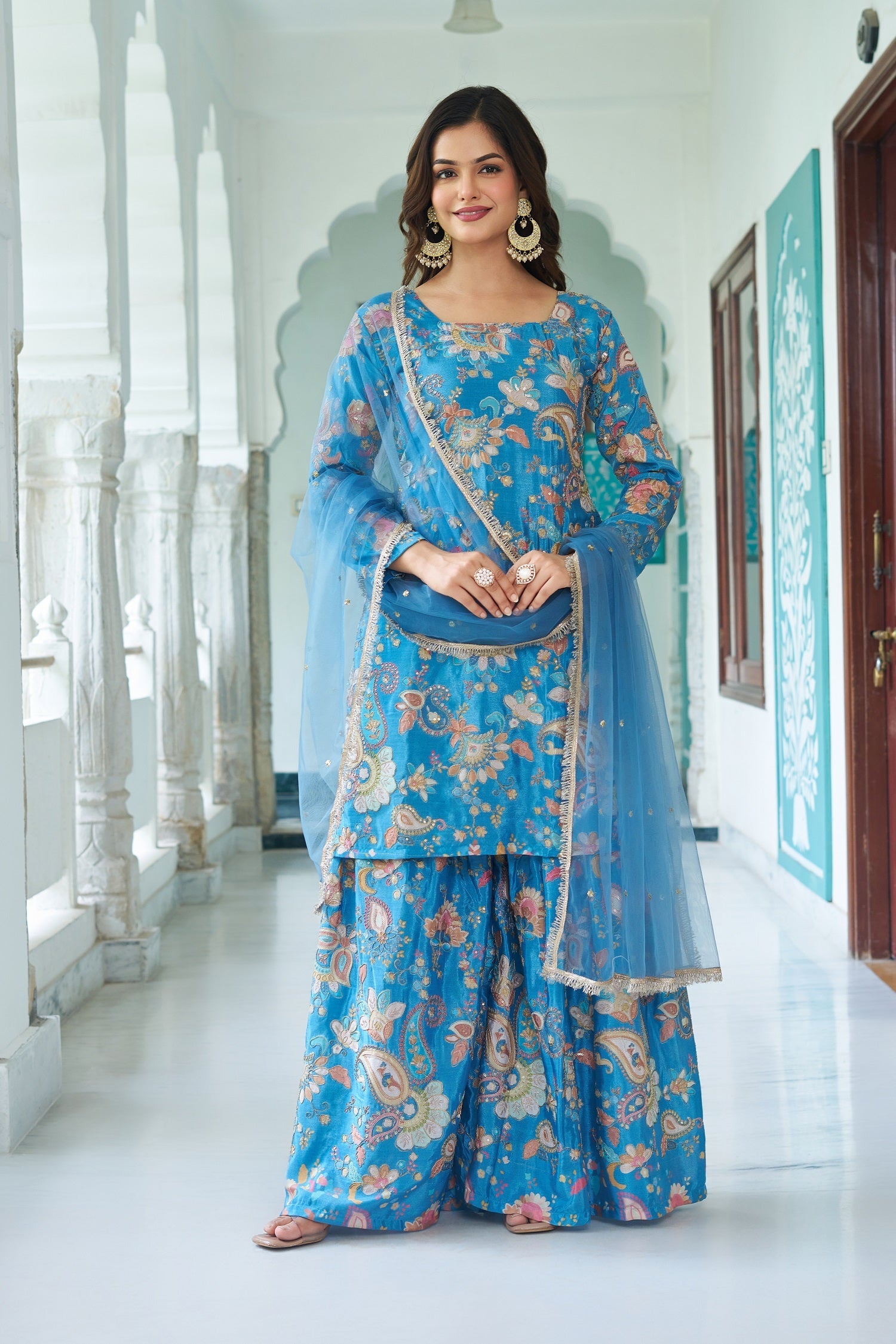 Teeya Creation Multi Color Chinnon Silk With Heavy Embroidery With Positiona Print Fully Stitched Sharara Suit | Grocsy