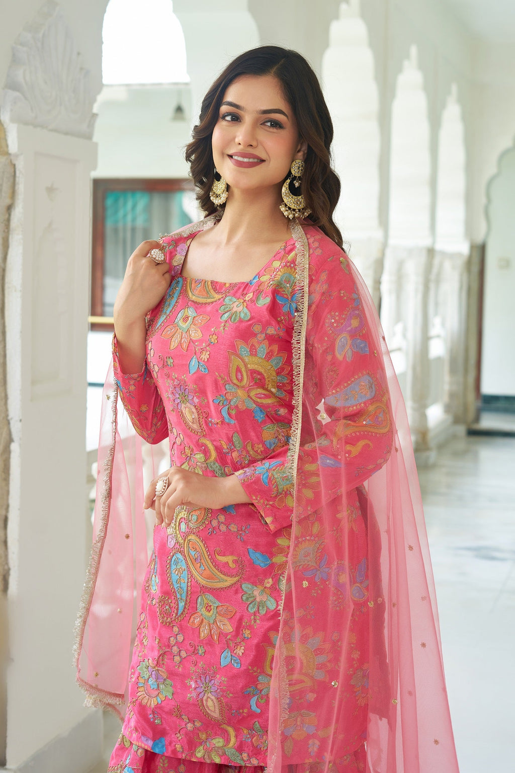 Teeya Creation Multi Color Chinnon Silk With Heavy Embroidery With Positiona Print Fully Stitched Sharara Suit | Grocsy