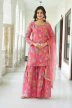 Teeya Creation Multi Color Chinnon Silk With Heavy Embroidery With Positiona Print Fully Stitched Sharara Suit | Grocsy