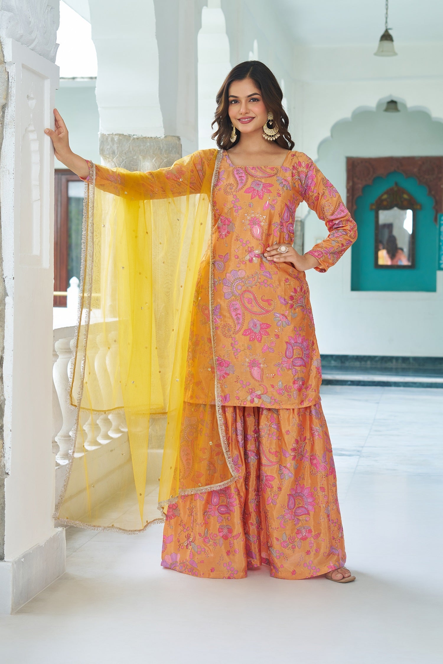 Teeya Creation Multi Color Chinnon Silk With Heavy Embroidery With Positiona Print Fully Stitched Sharara Suit | Grocsy