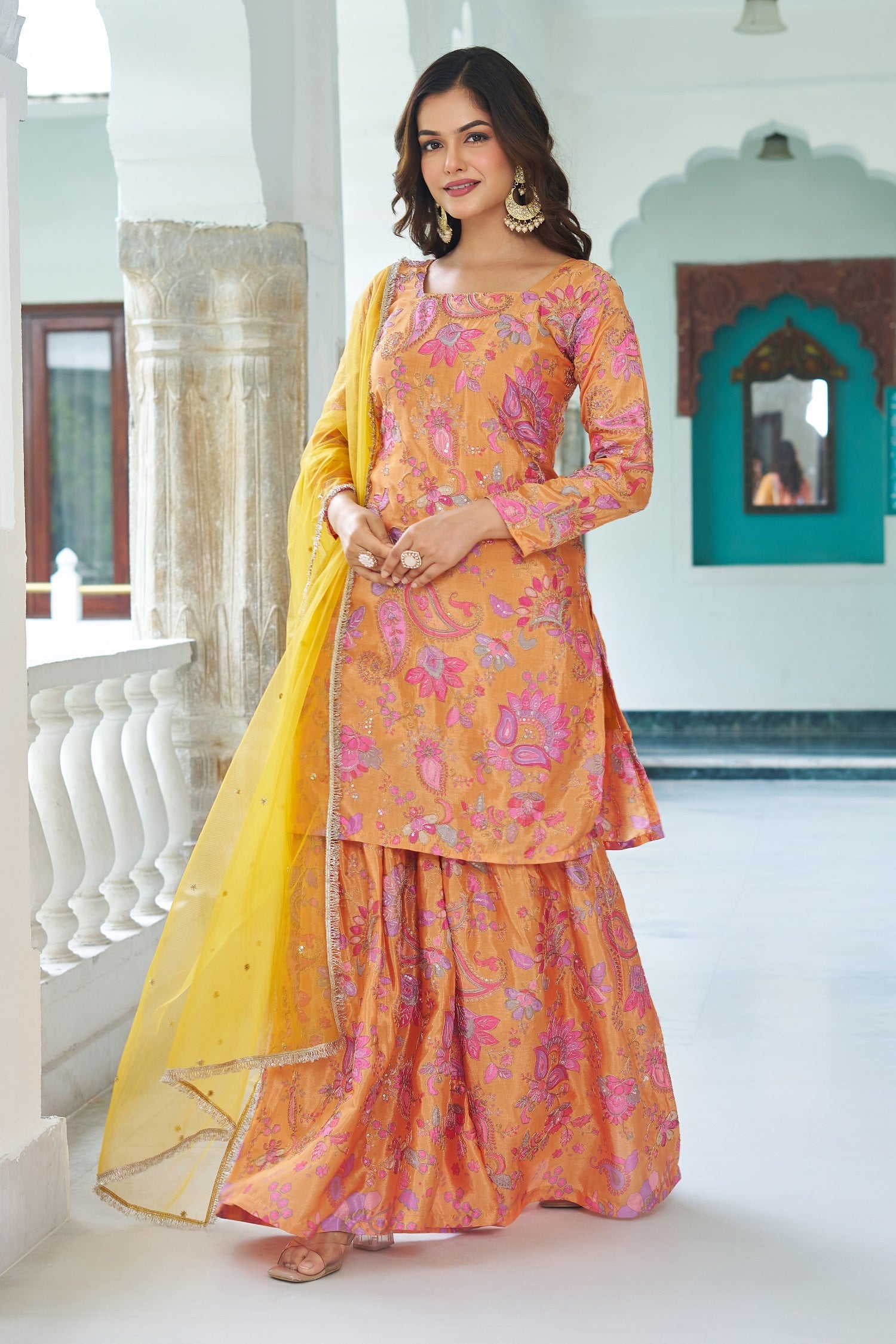 Teeya Creation Multi Color Chinnon Silk With Heavy Embroidery With Positiona Print Fully Stitched Sharara Suit | Grocsy