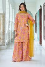 Teeya Creation Multi Color Chinnon Silk With Heavy Embroidery With Positiona Print Fully Stitched Sharara Suit | Grocsy