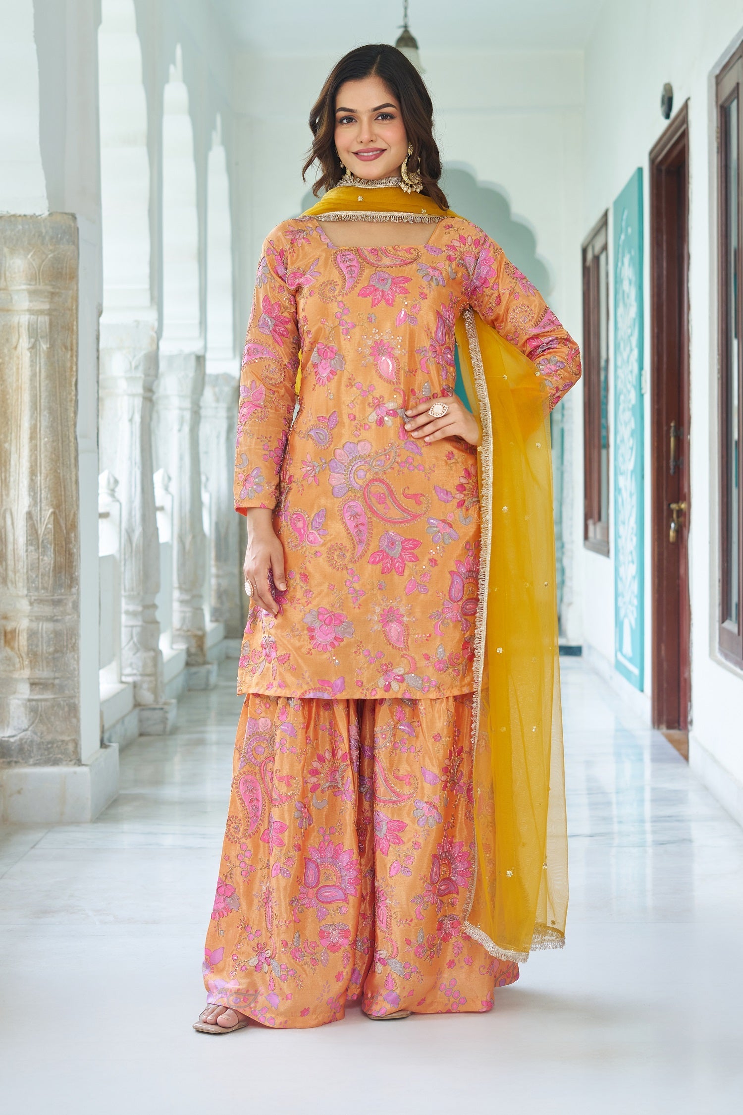 Teeya Creation Multi Color Chinnon Silk With Heavy Embroidery With Positiona Print Fully Stitched Sharara Suit | Grocsy
