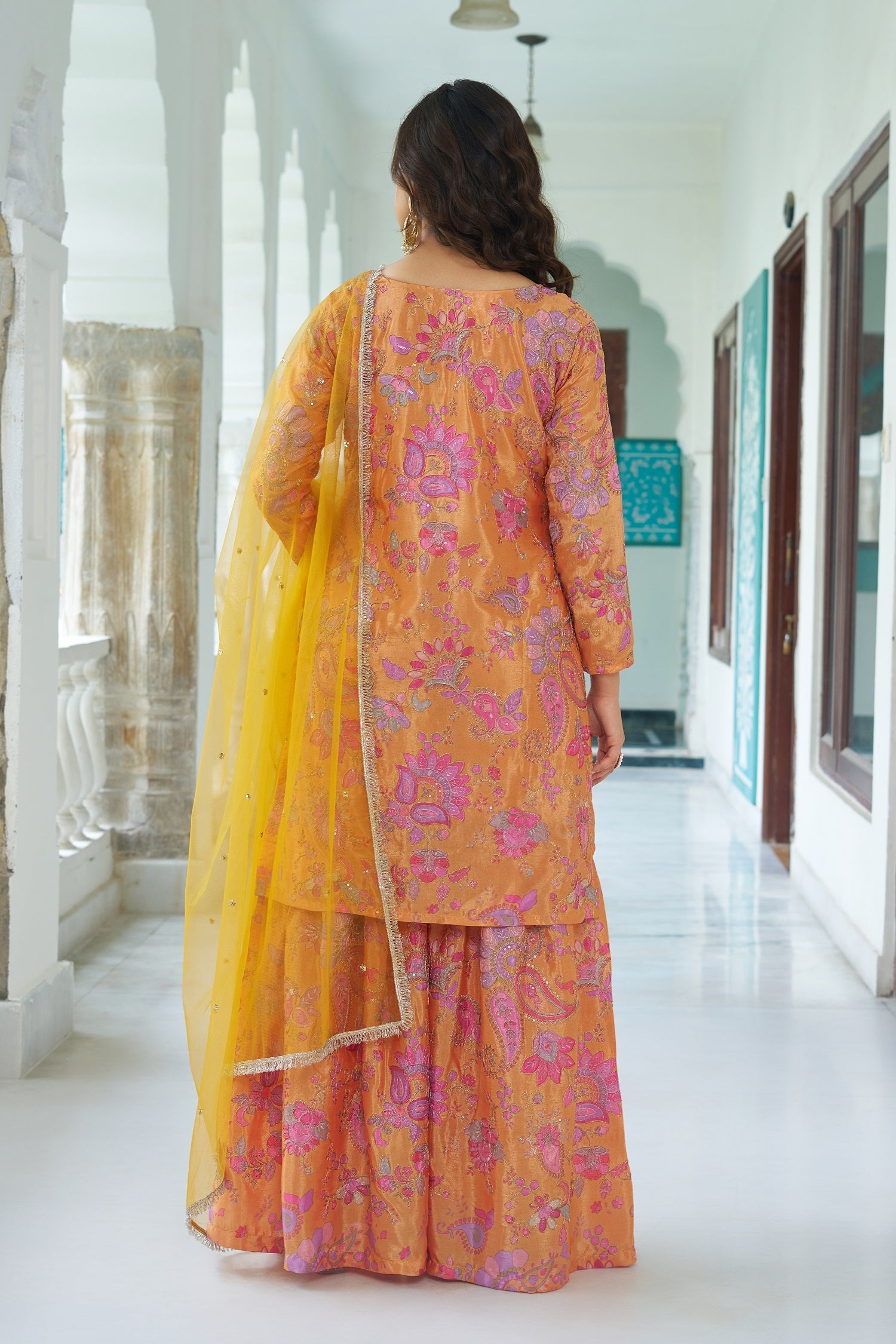 Teeya Creation Multi Color Chinnon Silk With Heavy Embroidery With Positiona Print Fully Stitched Sharara Suit | Grocsy
