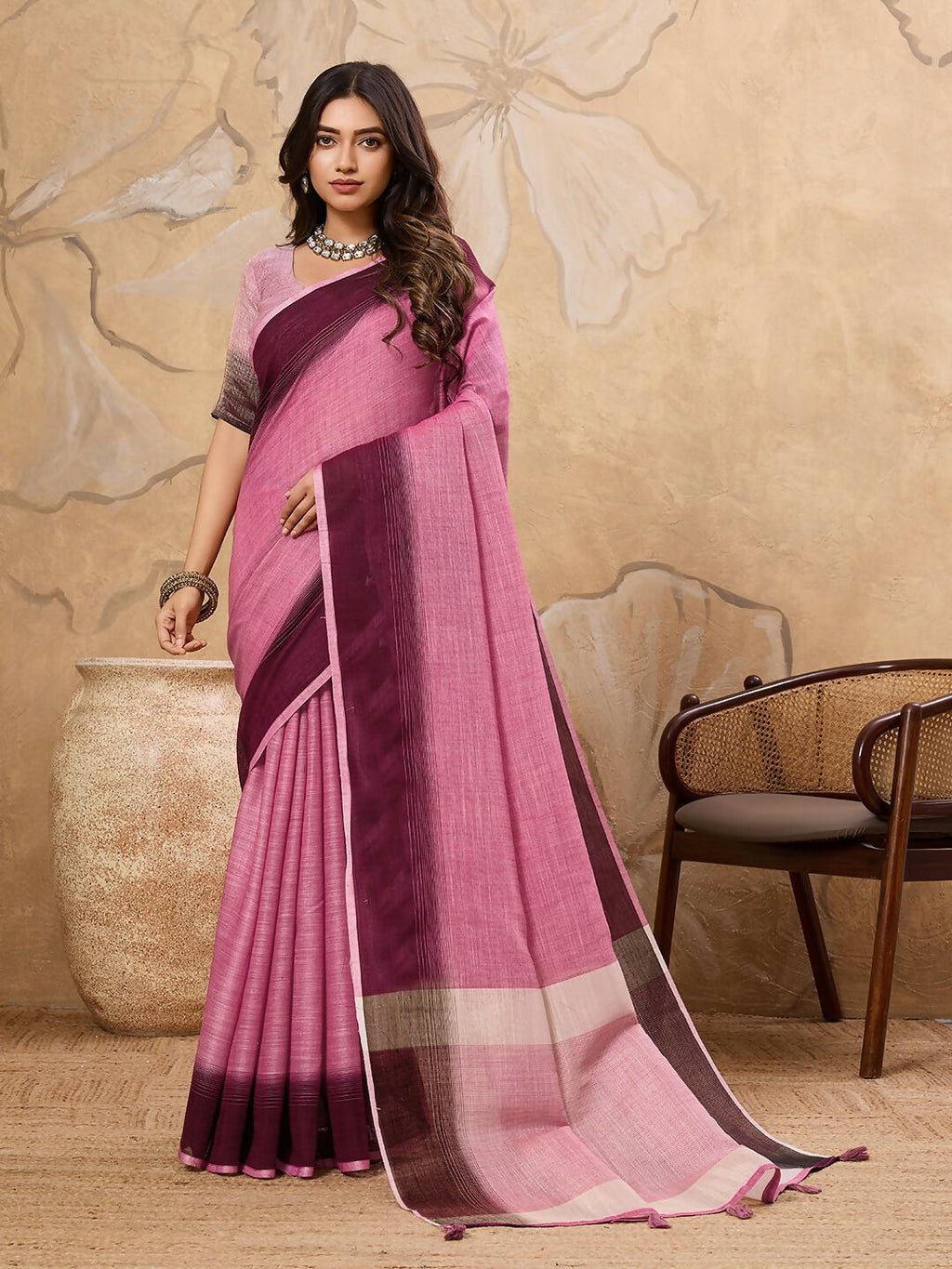 Shree Shyam Fashion Rani Pink Linen Saree | Grocsy