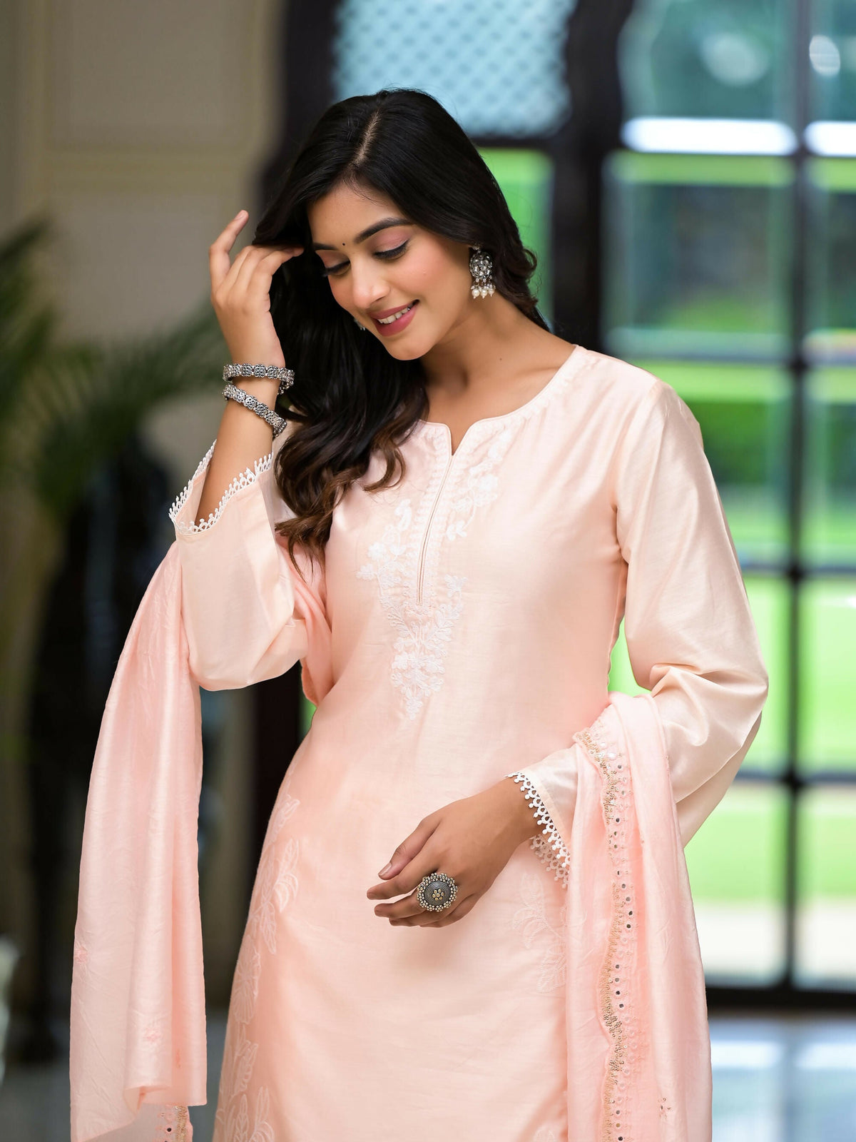 Juniper Women's Pink Thread Embroidered Viscose Kurta Palazzo And Dupatta Set With Thread & Mirror Work | Grocsy