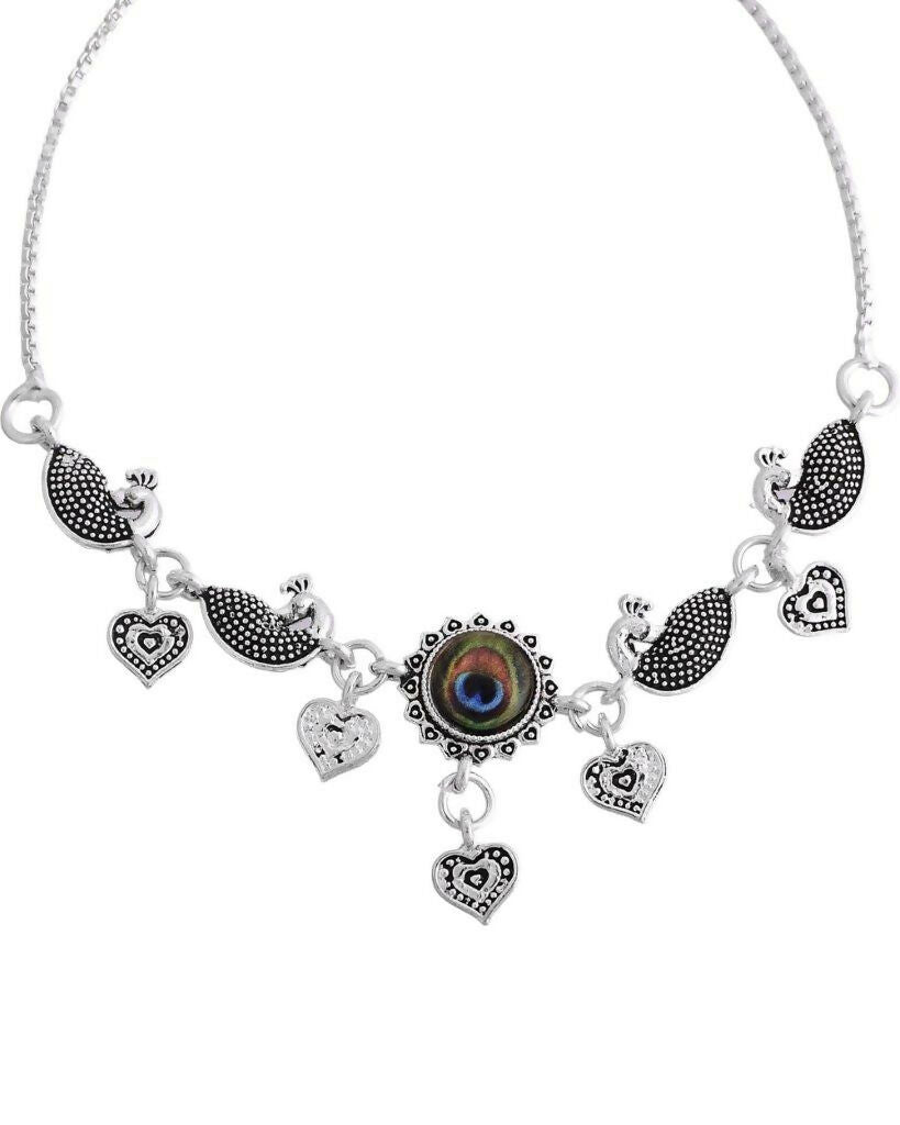 VOJ Set Of 2 Silver Plated Peacock Handcrafted Anklets | Grocsy