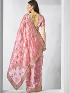 Coral Burburry silk Designer Embroidery Work Saree - Shezlin | Grocsy