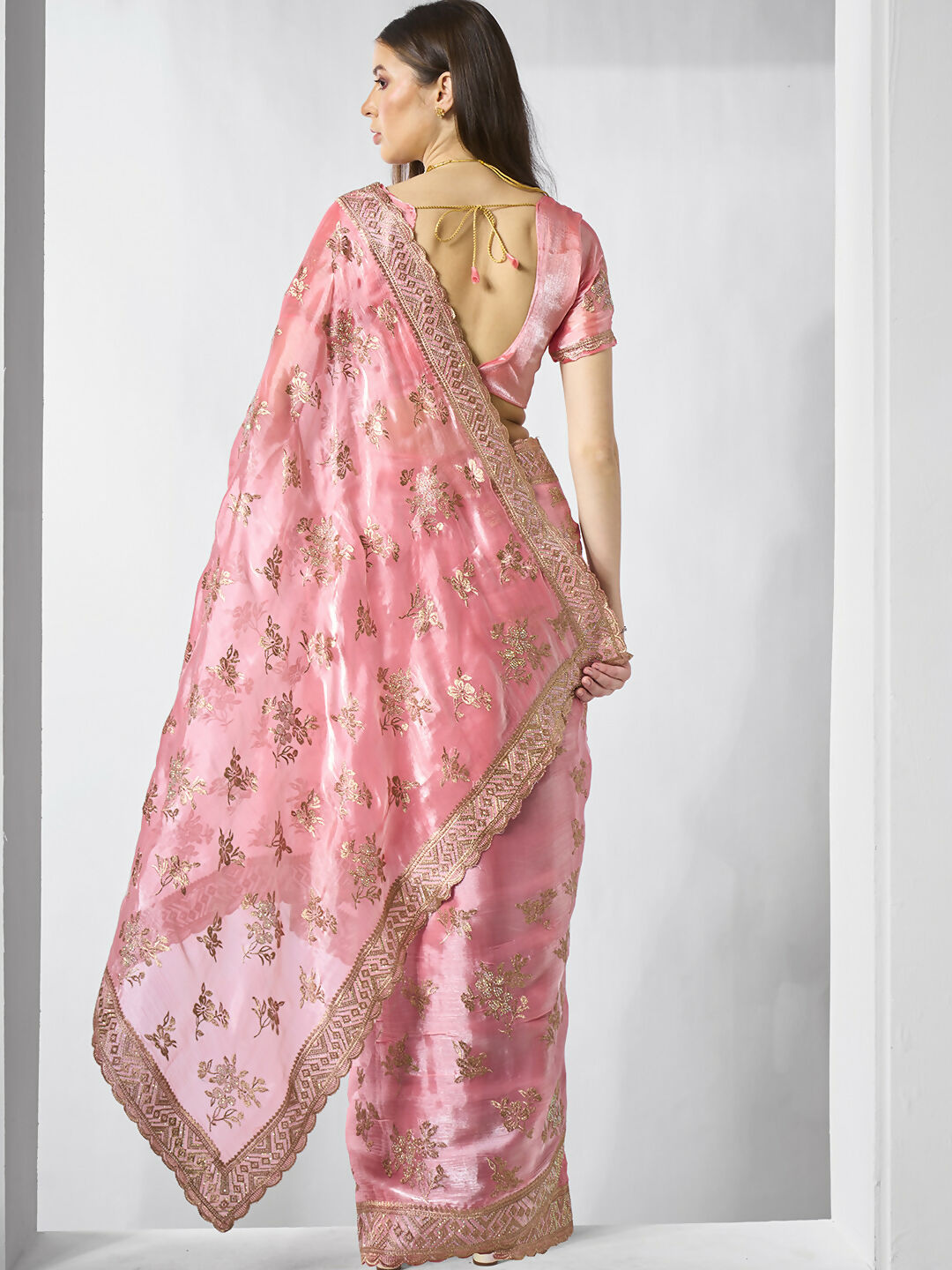 Coral Burburry silk Designer Embroidery Work Saree - Shezlin | Grocsy