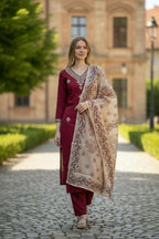 The52 Women's Beautiful Rayon Slub Fabric Embroidery Work Straight Kurta Pant and Dupatta Set | Grocsy