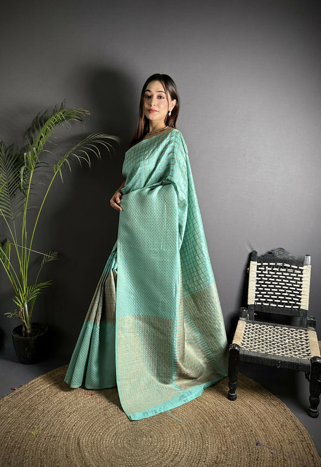 Joban Fashion Light Blue Banarasi Soft Lichi Silk Checks & Woven Saree | Grocsy