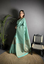 Joban Fashion Light Blue Banarasi Soft Lichi Silk Checks & Woven Saree | Grocsy