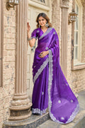Vastranavya Purple-Blue Embroidery Work Shimmer Chiffon Saree with Unstitched Blouse | Grocsy