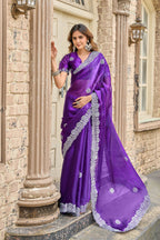 Vastranavya Purple-Blue Embroidery Work Shimmer Chiffon Saree with Unstitched Blouse | Grocsy