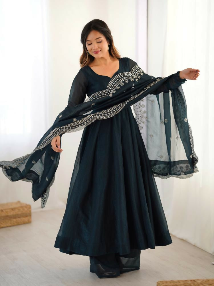 Joban Fashion Blue Chinnon Silk Sequence Embroidery Work Readymade Kurta Set | Grocsy