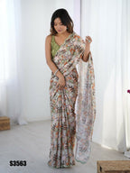 Off White Chinon Designer Digital Printed,Mirror Cut Work Saree - Manvika | Grocsy
