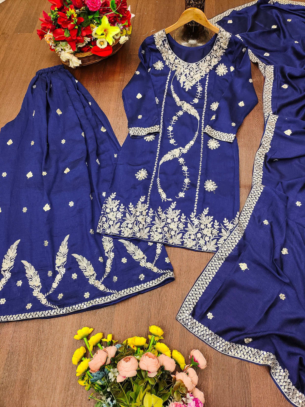 The52 Women's Gorgeous Embroidery Work Vichitra Blooming Fabric Straight Kurta Sharara and Dupatta Set-Blue | Grocsy