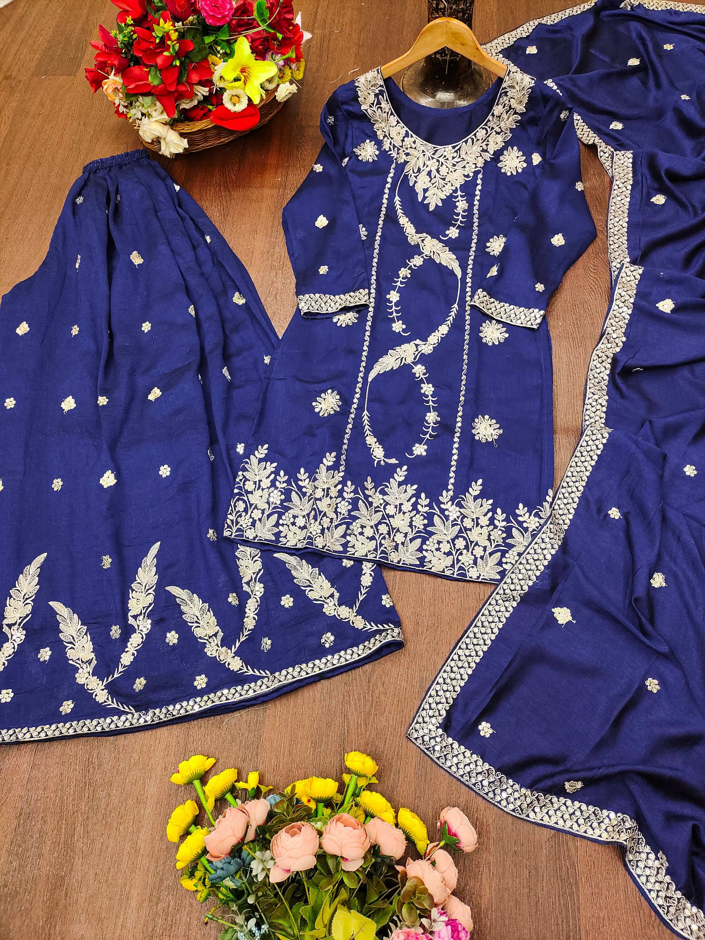 The52 Women's Gorgeous Embroidery Work Vichitra Blooming Fabric Straight Kurta Sharara and Dupatta Set-Blue | Grocsy