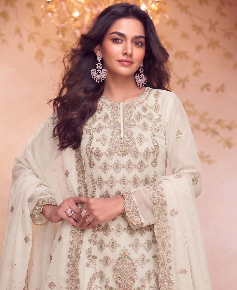 KC Heavy Embroidery Worked Two Ton Moss Silk White Suit For Women | Grocsy
