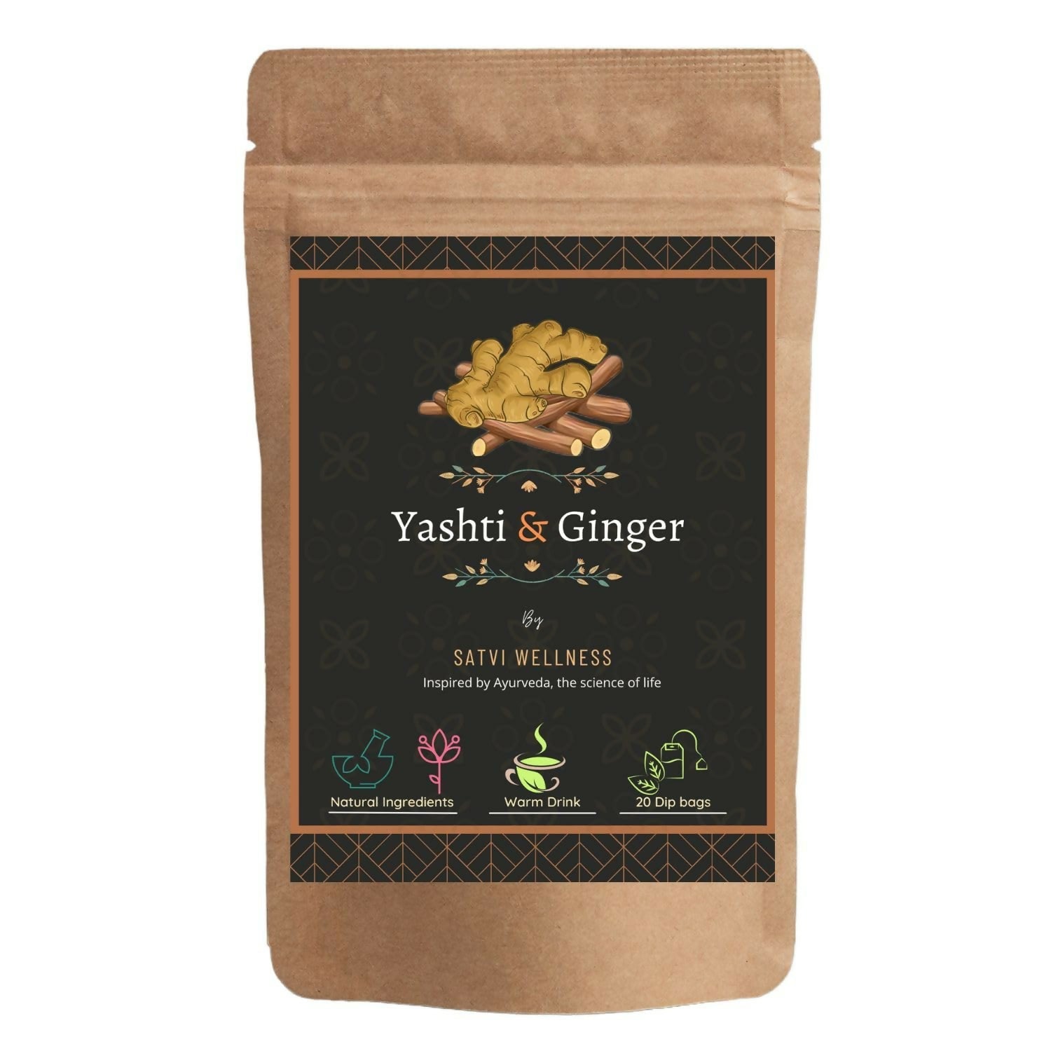 Satvi Wellness Yashtimadhu Ginger Tea | Yashti Ginger | Dip Bags | Blend Of Liquorice And Ginger Tea | Herbal Tea | Grocsy