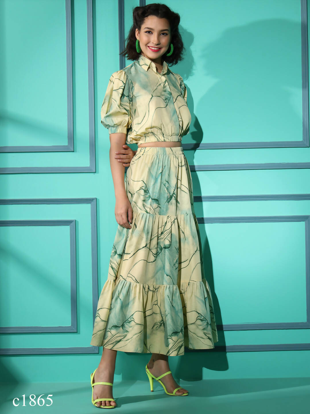 Green Rayon Tie dye Printed Top with Matching Skirt - Shivani | Grocsy