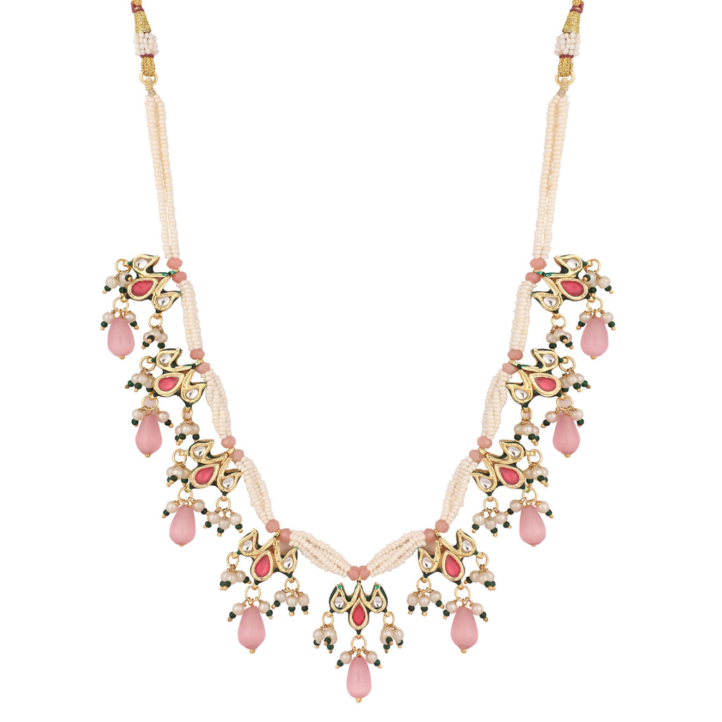 Nuyug 22K Gold Plated Pearl Empress Flora Pink Stone Drops Necklace Set | Grocsy