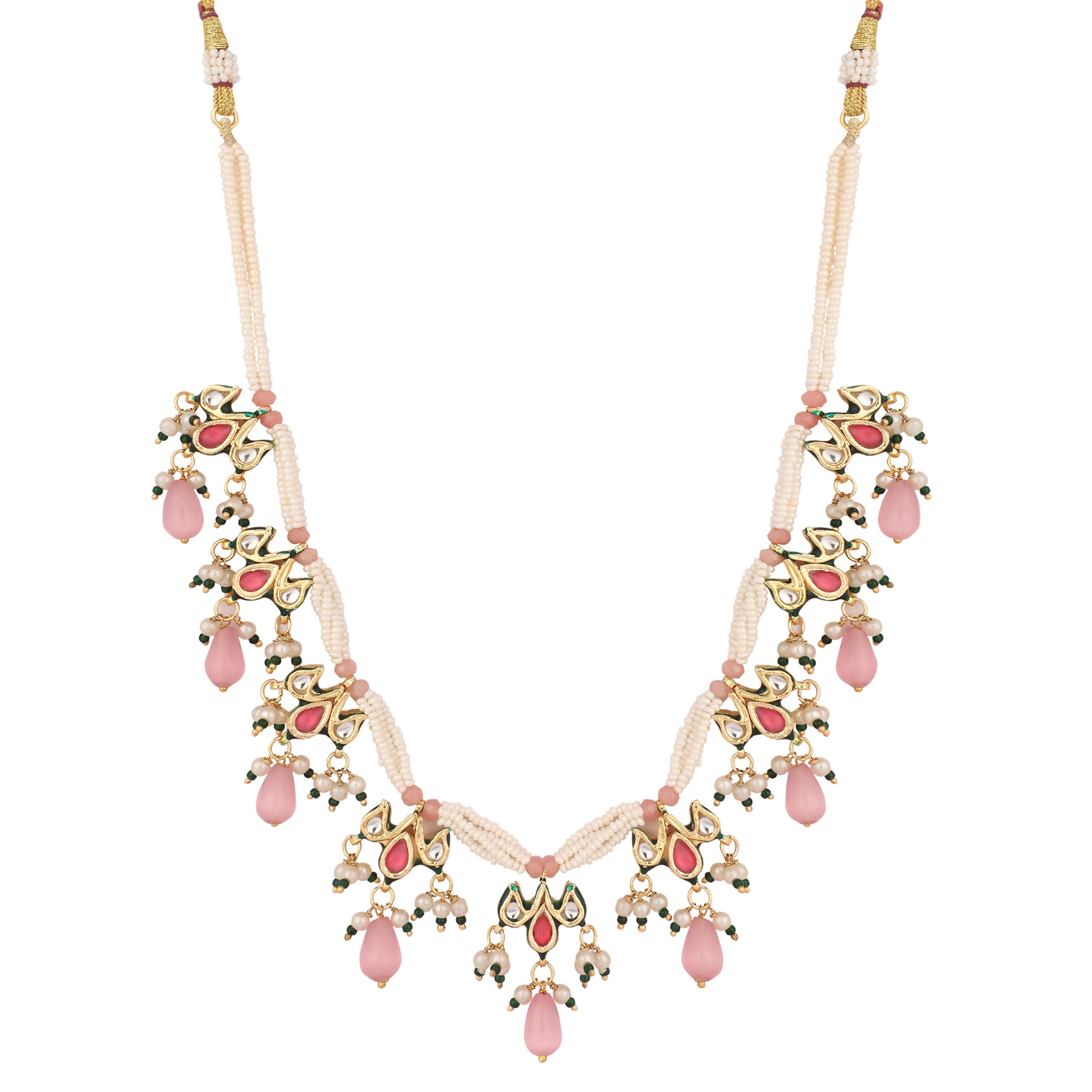 Nuyug 22K Gold Plated Pearl Empress Flora Pink Stone Drops Necklace Set | Grocsy