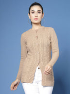 Women Self Design Camel Brown Acrylic Winter Cardigan - Wool Trees | Grocsy