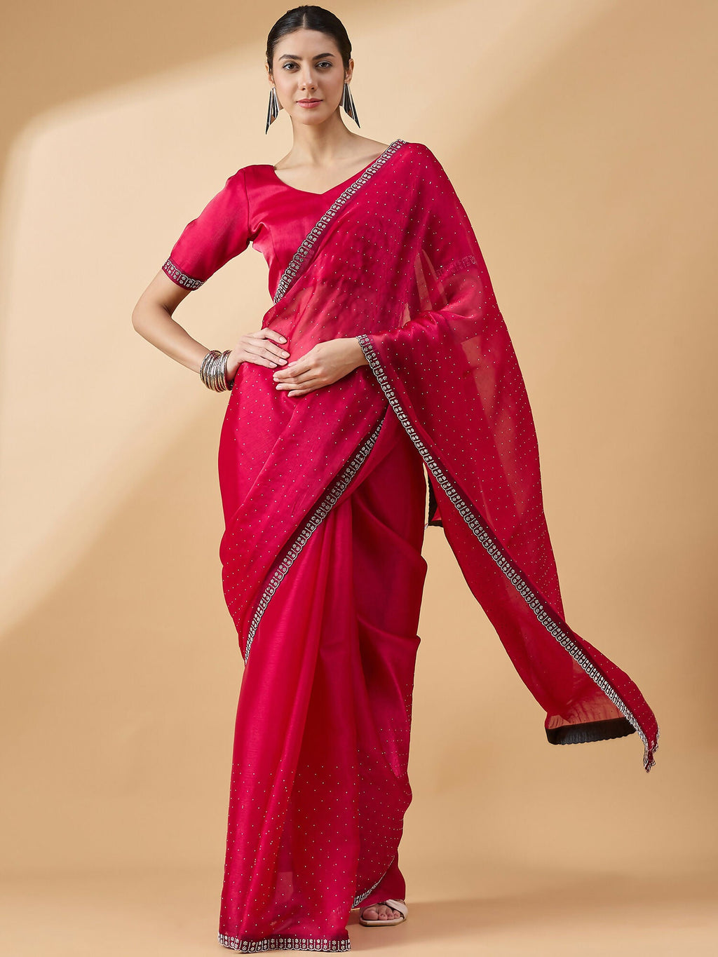 Pink Organza Swaroski Diamond Work Saree with Unstitched Blouse - Radha | Grocsy