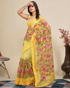 Teeya Creation Womens Latest Stylish Party Wear Soft Net Saree-Yellow | Grocsy