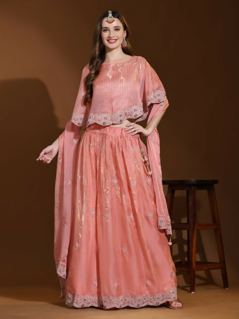 Peach Silk Embroidered Poncho Pattern Top & Lehenga with Dupatta - Tanya | Grocsy